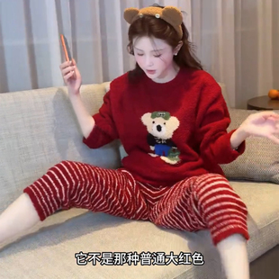 圣诞红条纹氛围感保暖针织半边绒睡衣女士秋冬新款毛绒家居服套装