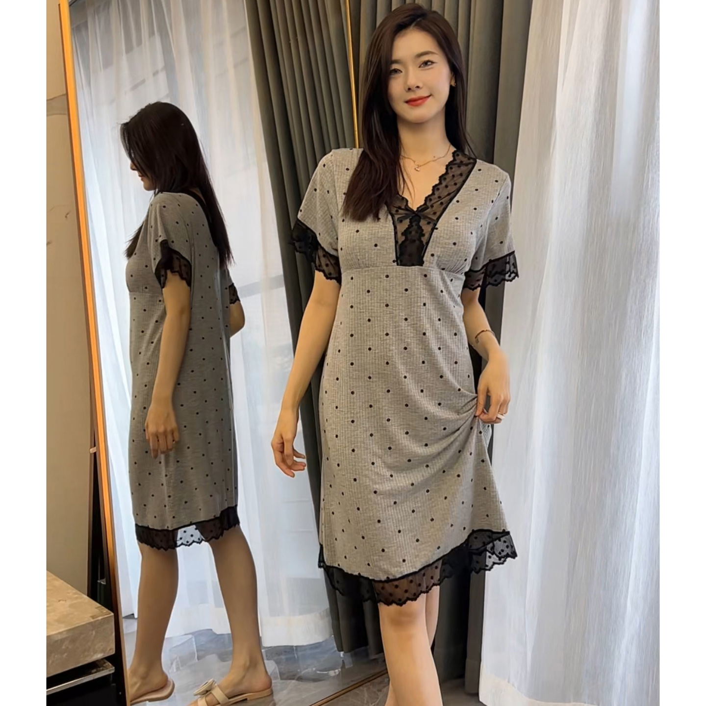 莫代尔带胸垫睡裙女士蕾丝连衣裙
