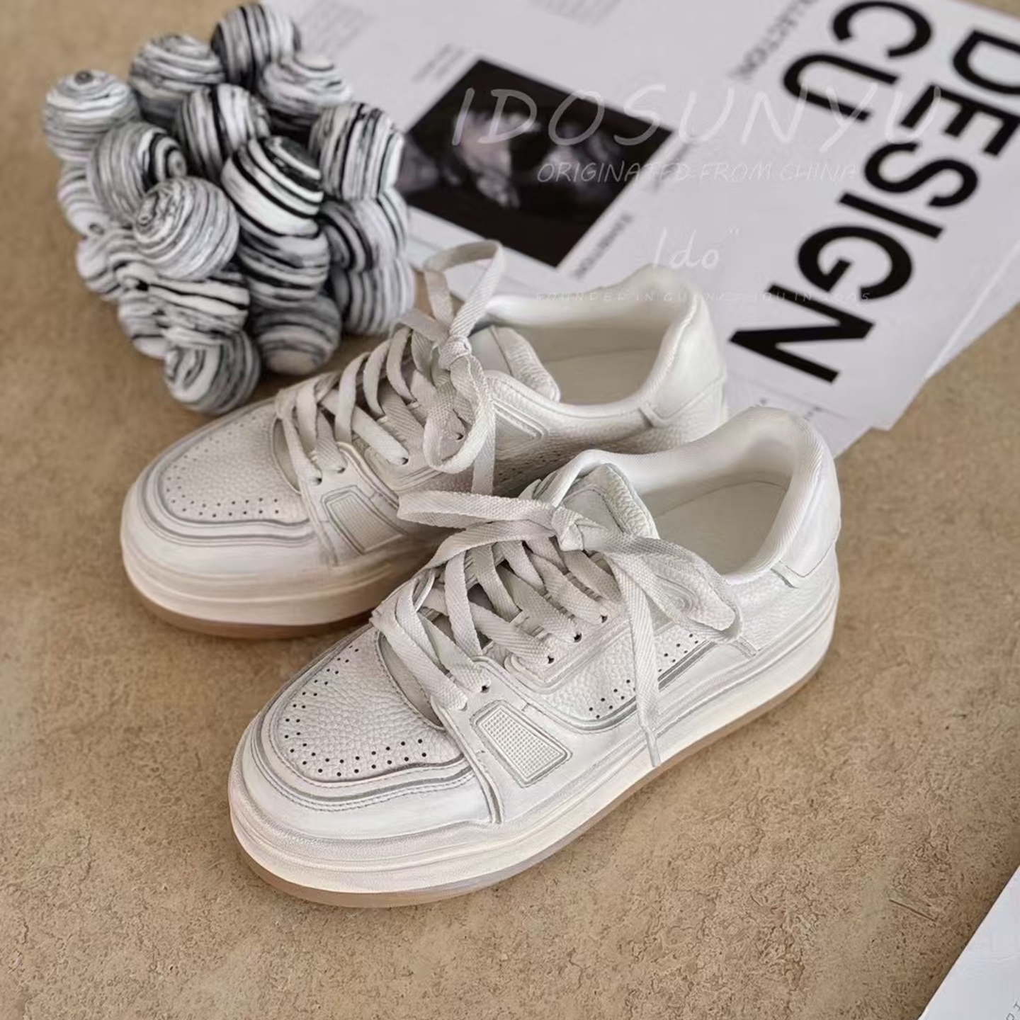 IDO/TT欧货女鞋2025秋冬新款擦旧牛皮圆头系带厚底绒里百搭休闲鞋