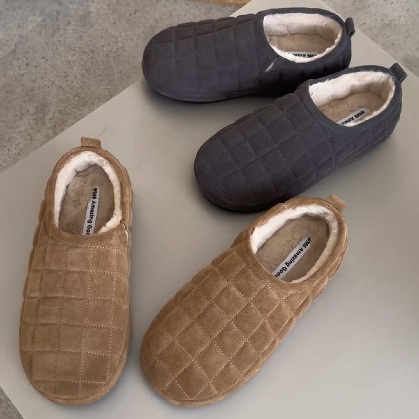 WM6欧货女鞋2025冬季新款牛猄皮华夫格圆头一脚蹬绒里保暖乐福鞋