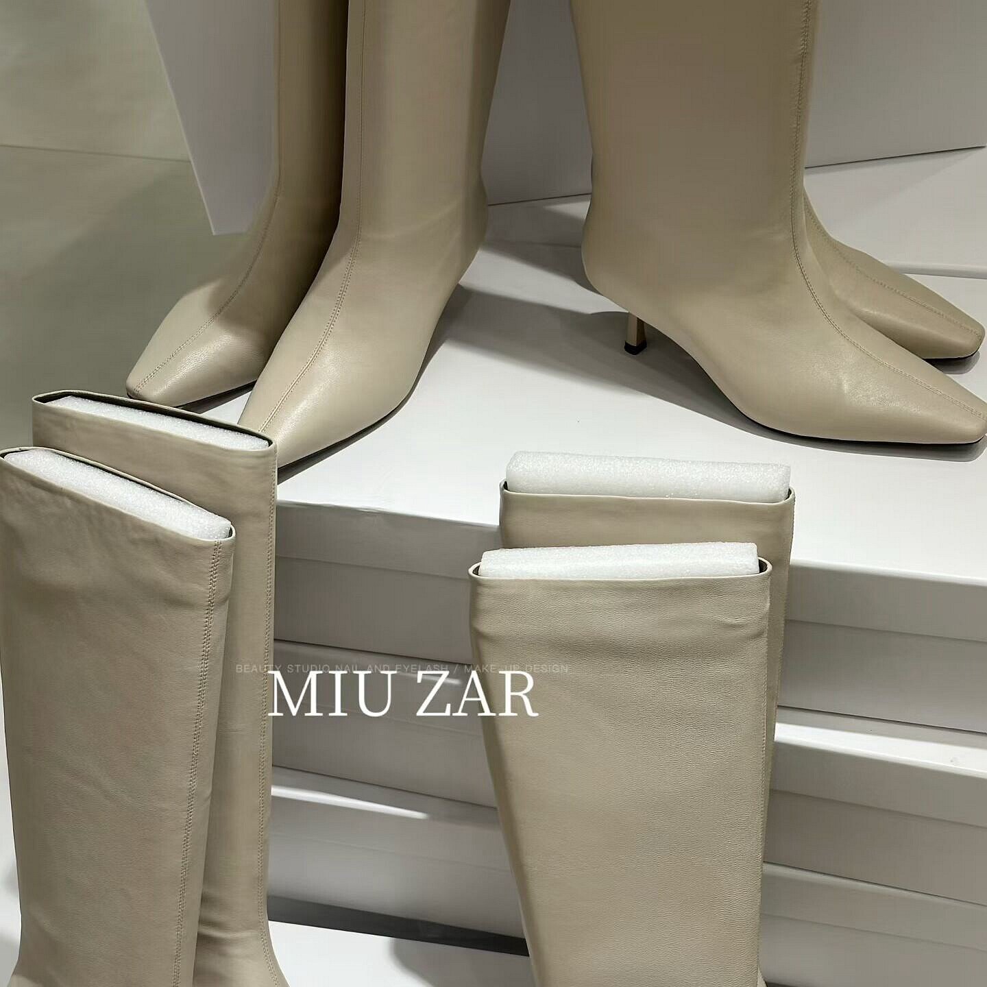 妙莎MIUZAR女鞋2026秋冬新款牛皮方头套筒简约气质高跟时装高筒靴