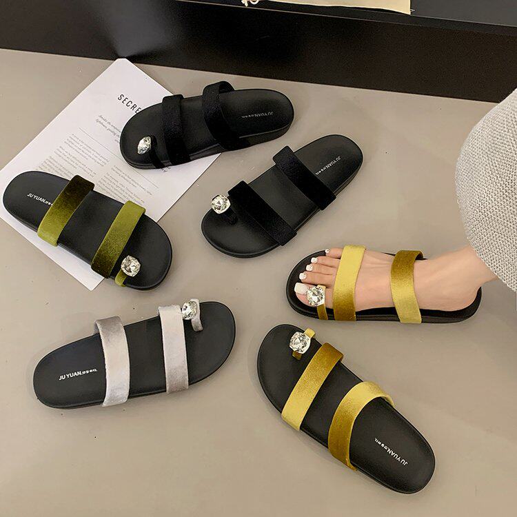 夏季水钻丝绒套趾平底防滑凉拖
