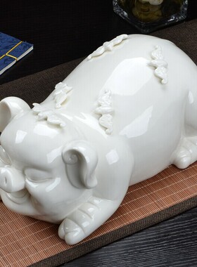 德化白瓷工艺品十二生肖猪摆件招财陶瓷动物大号家居装饰品摆设