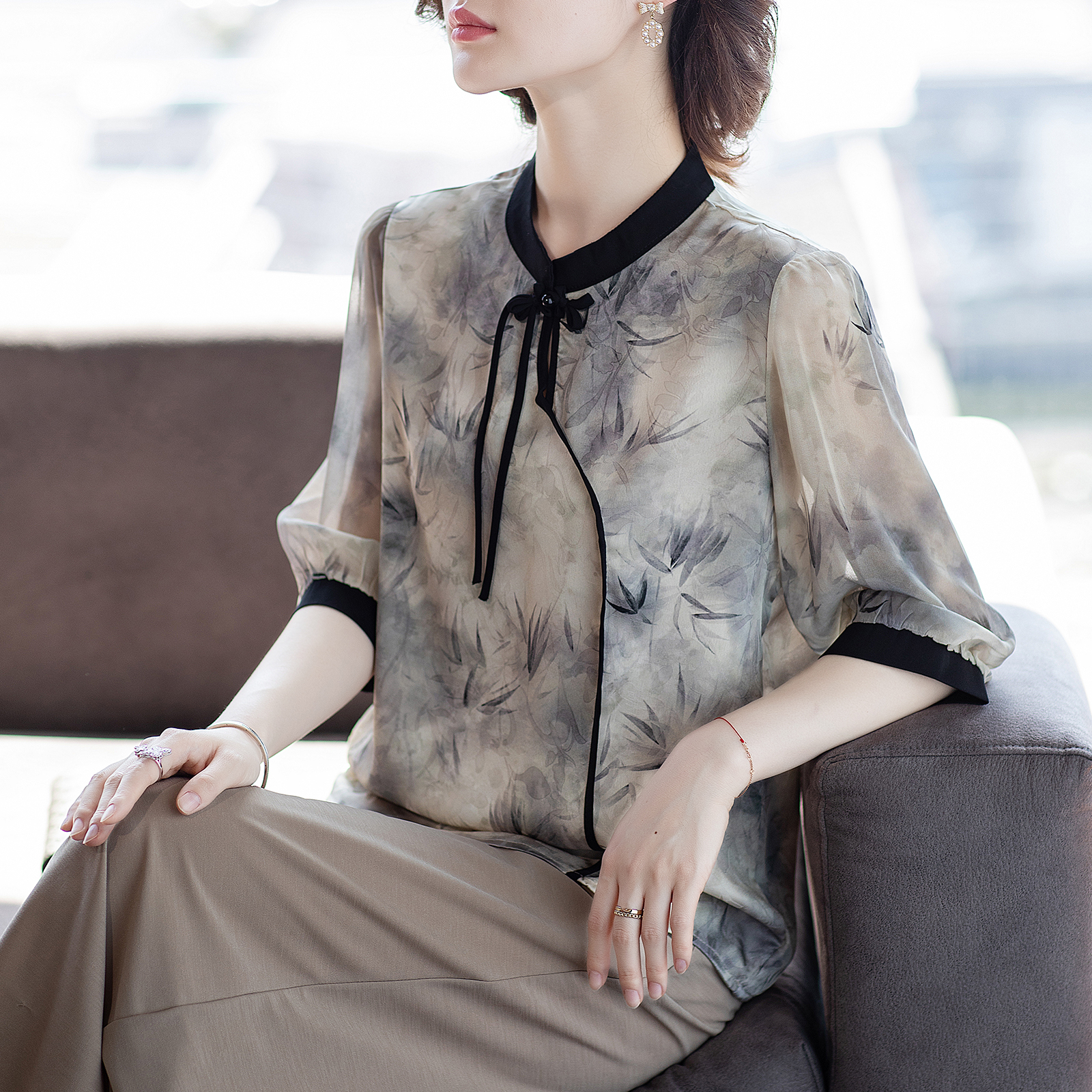 妈妈夏装短袖套装新款40岁中式T恤上衣服中老年女夏季国风两件套