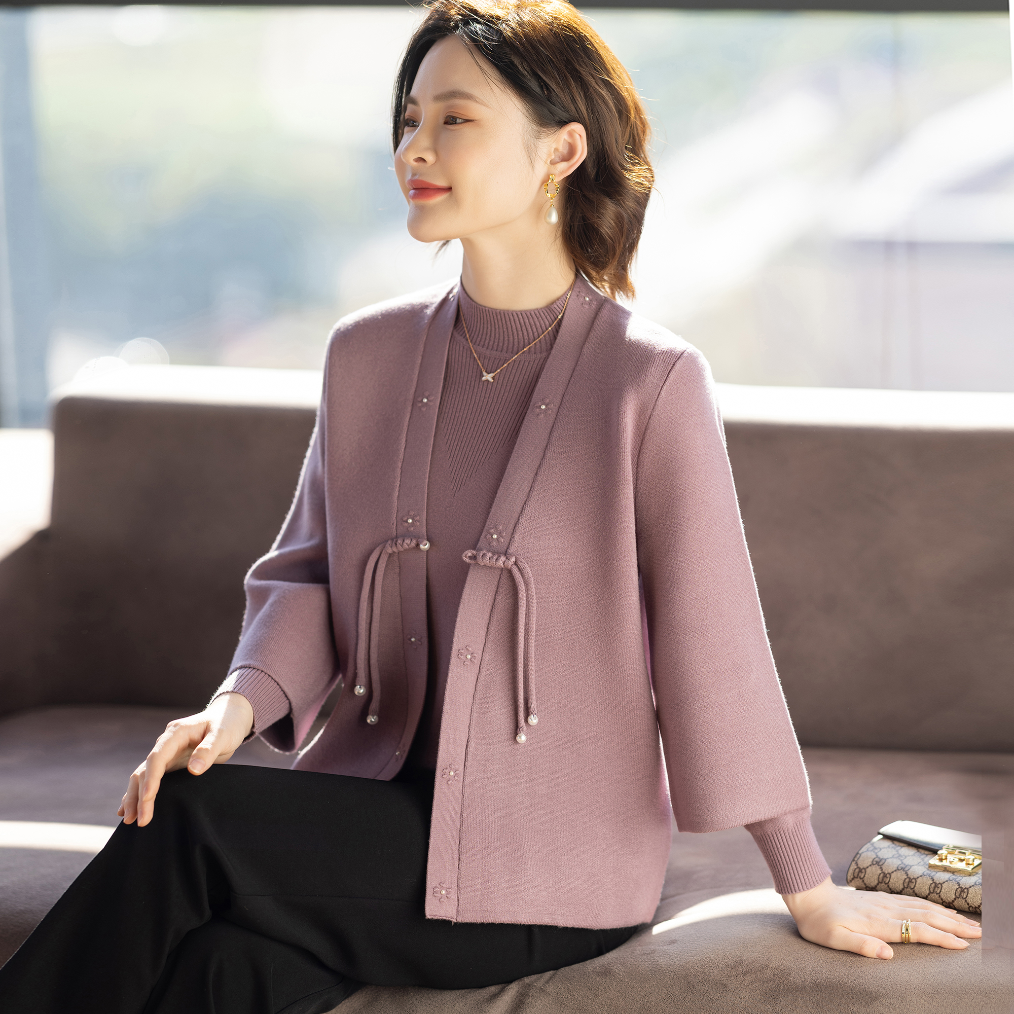 中式妈妈装秋冬两件套装新款毛衣外套50岁洋气中老年女春秋上衣服