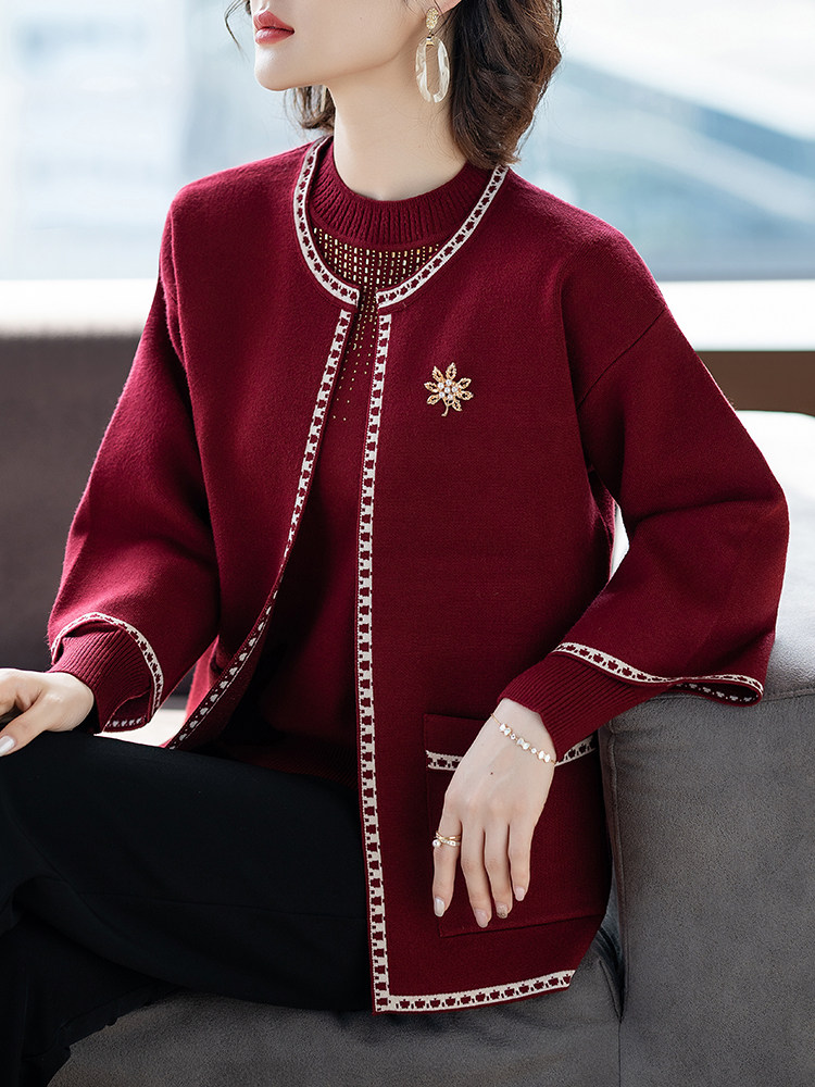 喜婆婆婚宴秋装套装2025新款洋气高贵夫人酒红色中老年人春秋衣服
