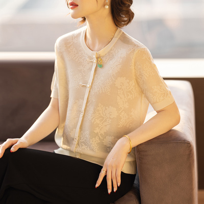 妈妈洋气高贵小衫中式t恤上衣中老年女夏装短袖端庄大气套装新款