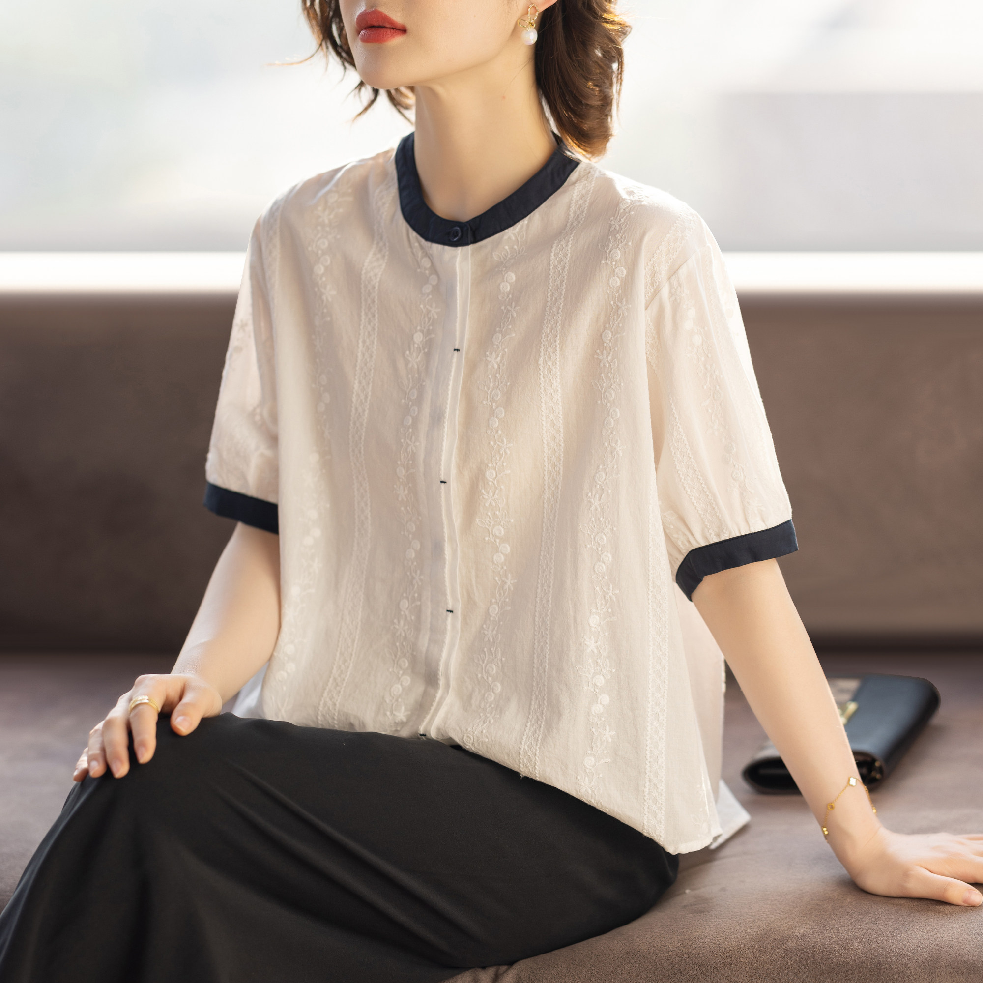 年轻妈妈纯棉衬衫夏装短袖全棉t恤套装新款洋派质时尚中老年女士