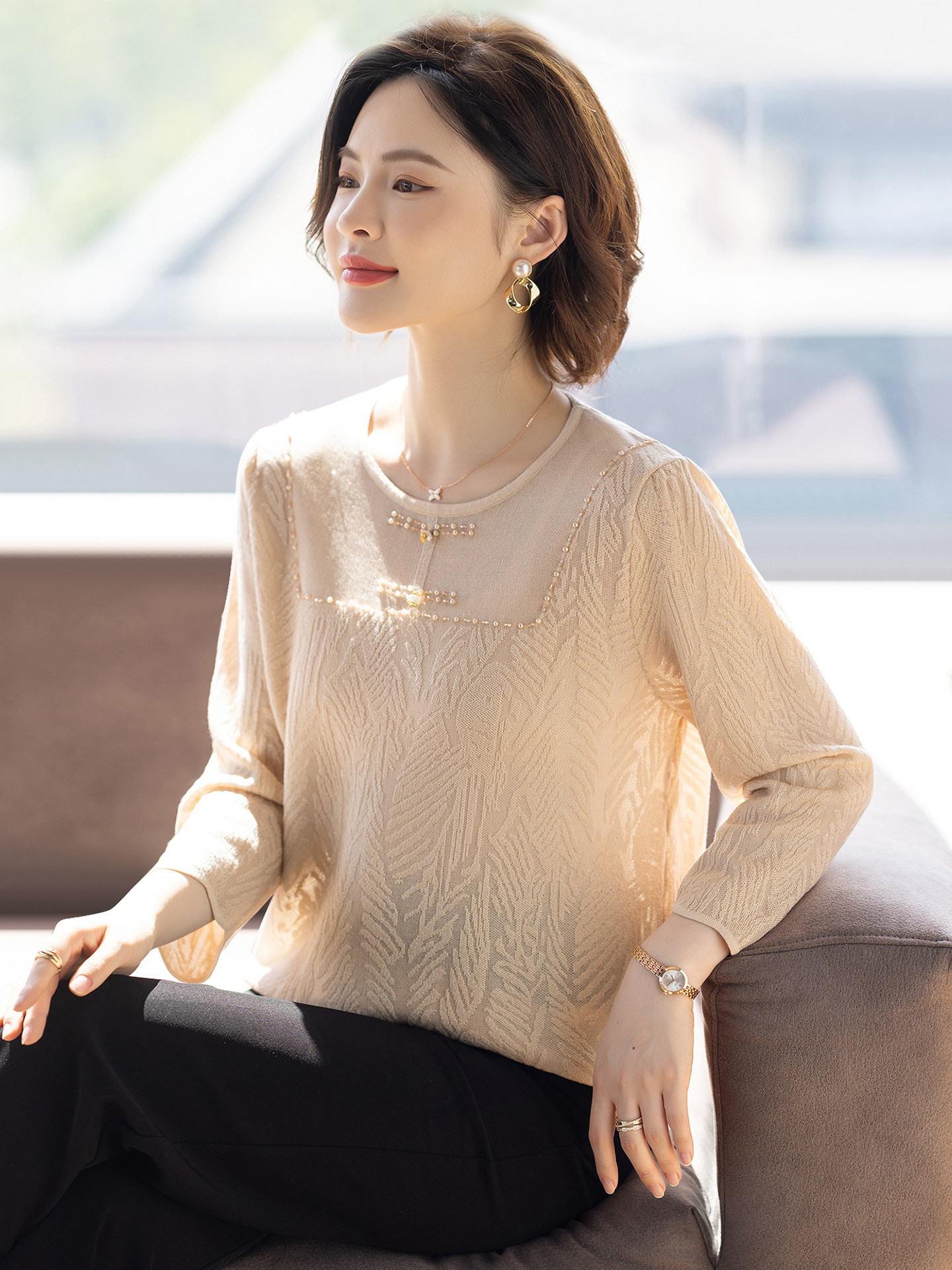 妈妈春装套装2026新款针织衫t恤洋气时尚春秋上衣服中老年女长袖