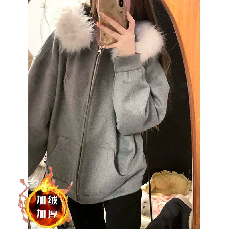 韩式休闲风毛领连帽卫衣女加绒加厚宽松百搭学院风秋冬外套上衣潮