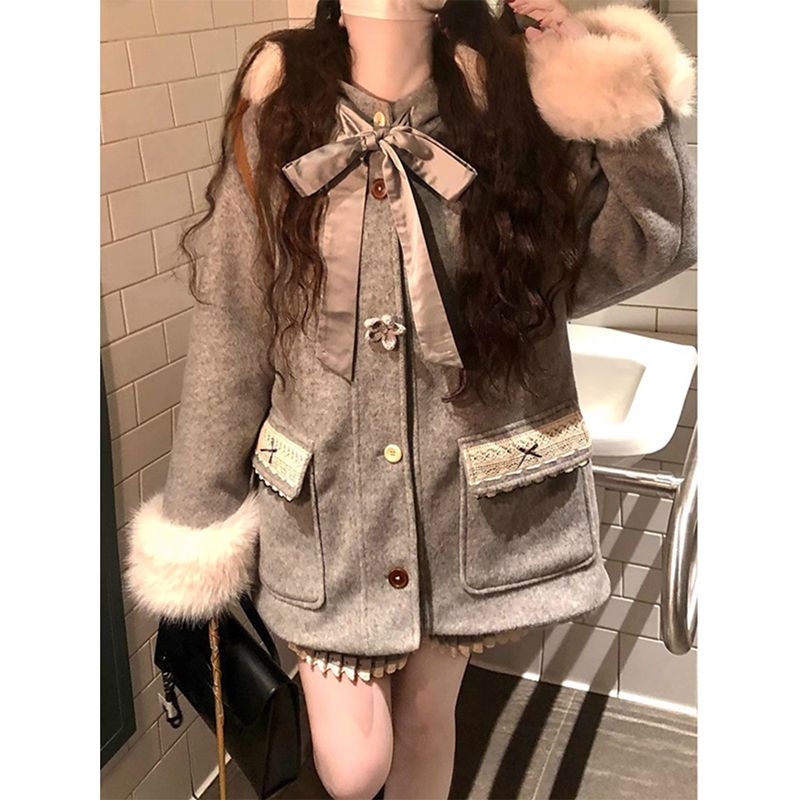 高级感千金风毛领蝴蝶结毛呢外套