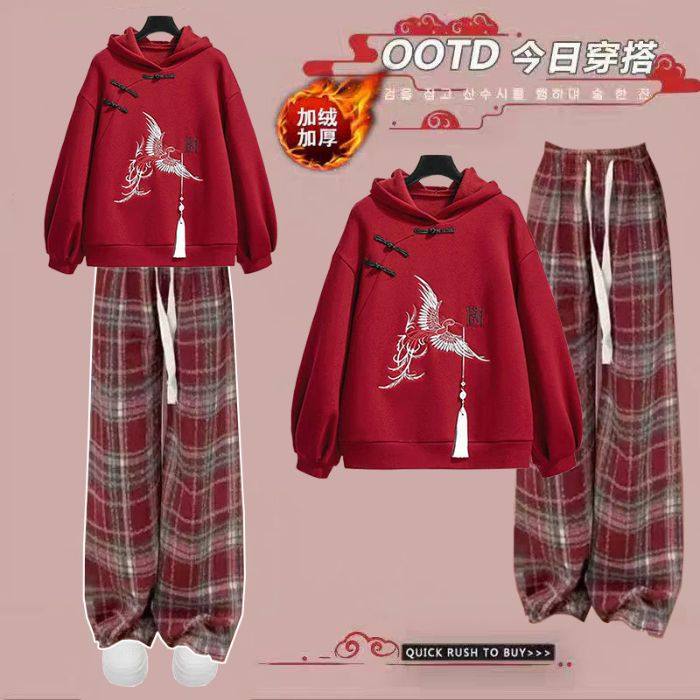 国风设计感复古休闲新中式ootd穿搭秋冬季加绒加厚洋气卫衣套装女,女装/女士精品,时尚套装,淘宝优惠券,粉丝福利购,淘宝优惠卷