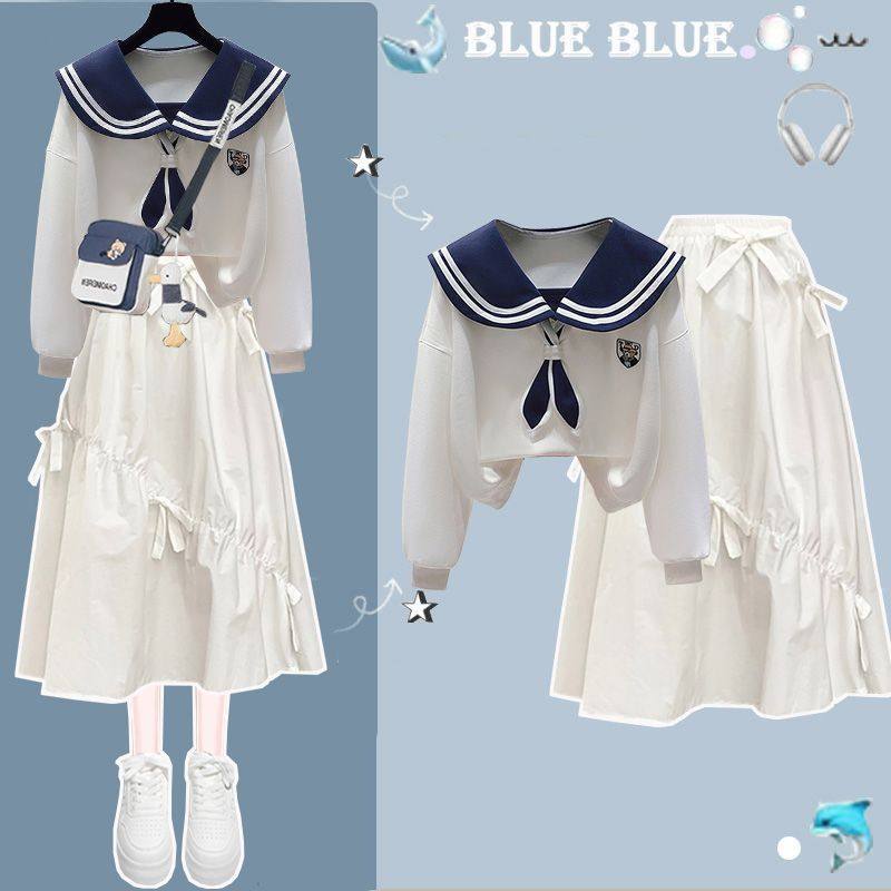 少女小清新学院风白色半身裙套装春秋新款海军领卫衣休闲风两件套