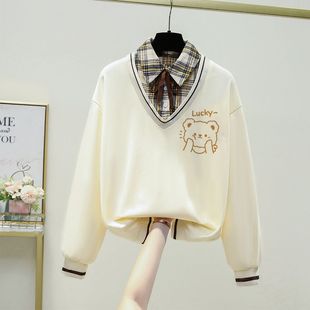 格纹衬衫 女大童学院风设计感假两件polo领卫衣春秋新款 拼接上衣服
