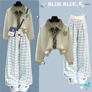 韩式学院风卫衣套装女春秋polo领格子两件套新款设计感减龄学生装