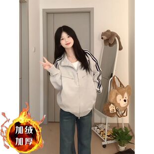 学生简约休闲韩版开衫加绒立领卫衣女秋冬新款百搭宽松运动外套潮