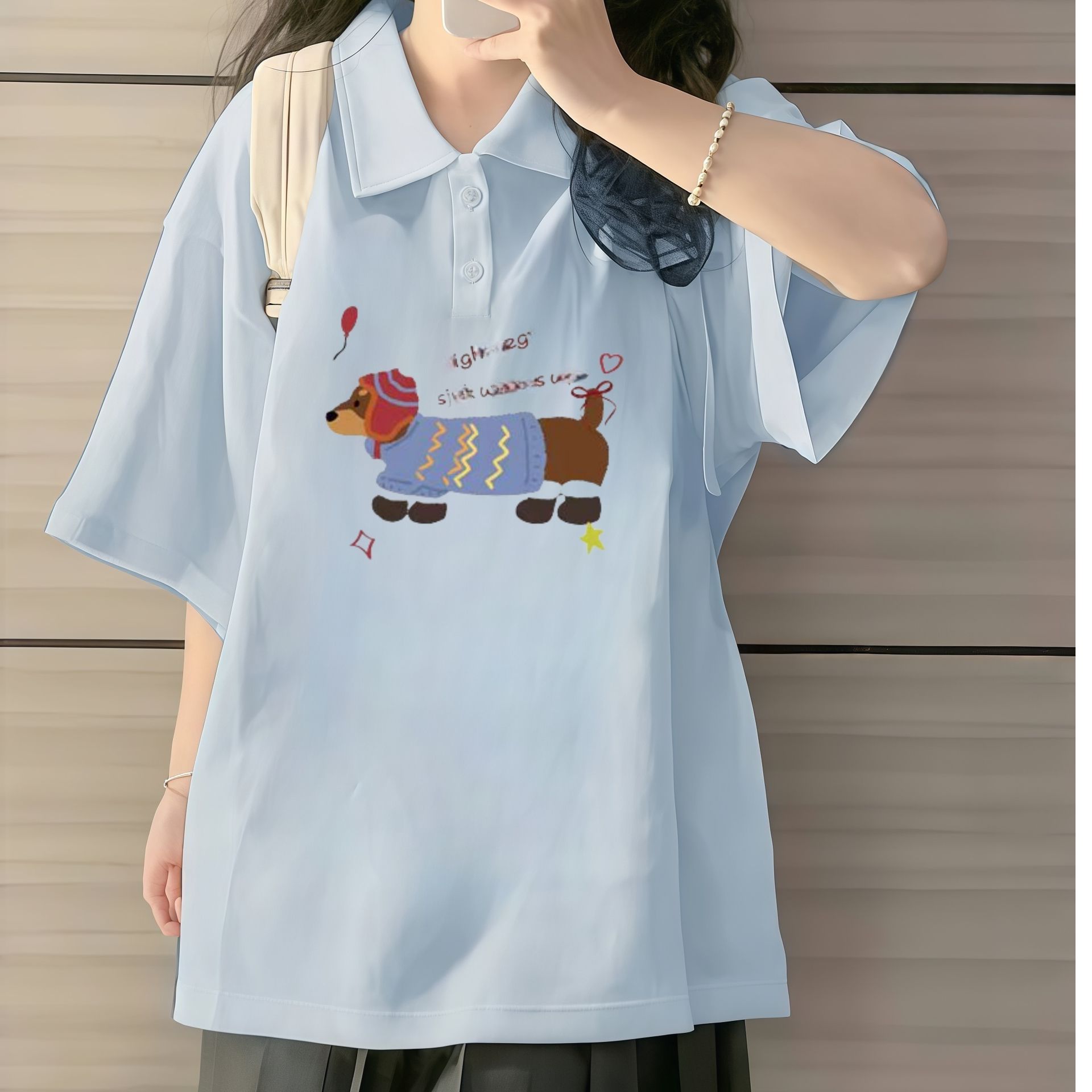 少女纯棉polo衫夏季初高中生美式腊肠狗印花短袖t恤宽松半袖上衣