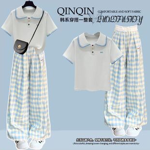 简约学院风女大童格子裤套装设计感初中生夏装时尚韩系穿搭一整套