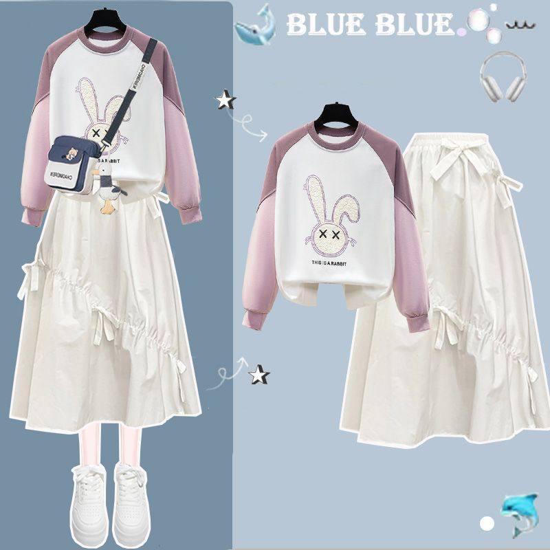 卡通动漫撞色拼接卫衣学院风小众套装少女春秋款洋气减龄半裙套装,女装/女士精品,时尚套装,淘宝优惠券,粉丝福利购,淘宝优惠卷