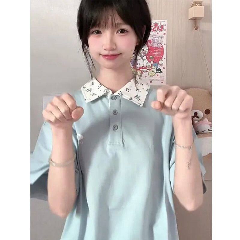 少女小清新碎花Polo领纯棉短袖夏季宽松运动上衣休闲减龄百搭T恤