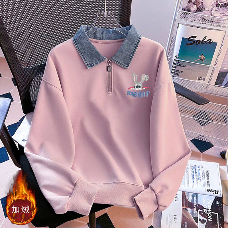 学院风半拉链Polo领秋冬款卫衣女假两件设计牛仔领休闲加绒上衣潮