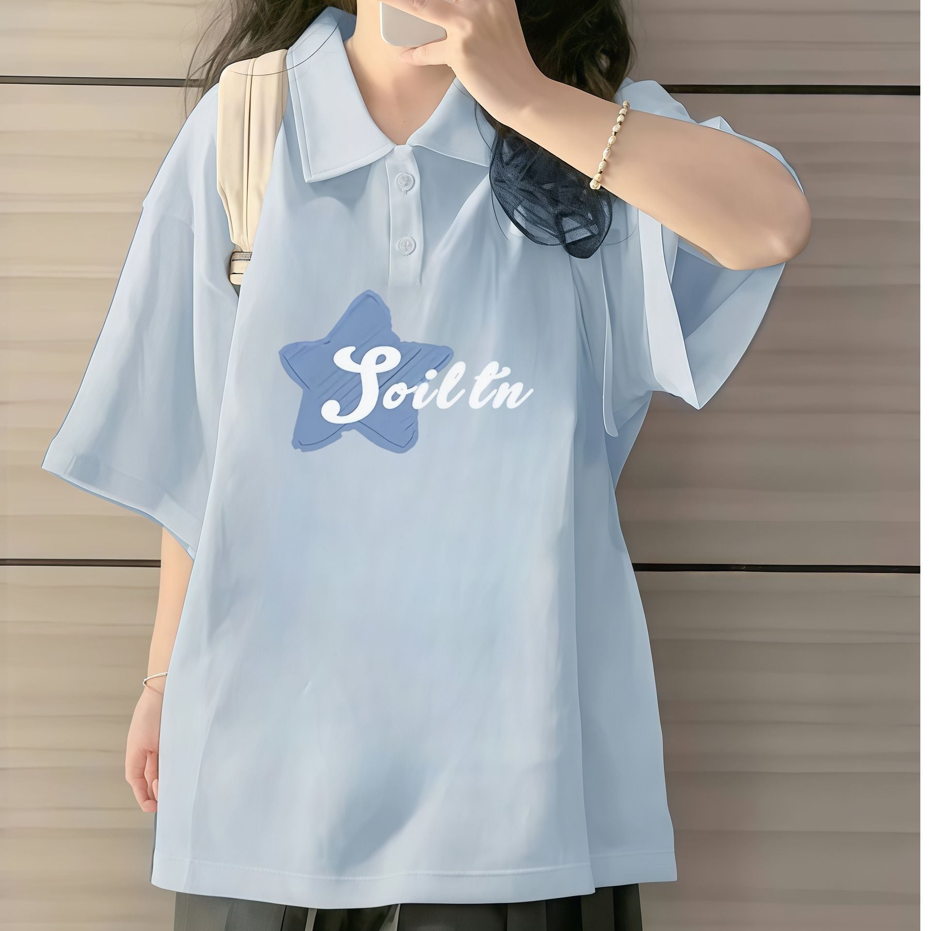 洋气休闲少女纯棉polo领短袖T恤夏季新款初高中生宽松半袖上衣服