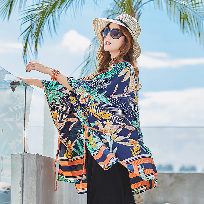 墨莎夏季复古泰国海边度假披肩套装沙滩裙大码胖mm防晒海滩连衣裙