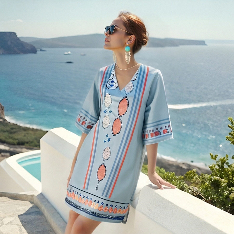 泰国旅游度假印花连衣裙大码V领短袖海边沙滩裙宽松显瘦V领中裙