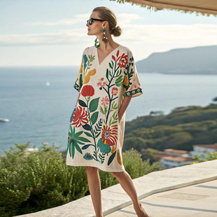 希腊风情复古印花连衣裙新款 裙子海边度假沙滩裙 宽松显瘦中长款