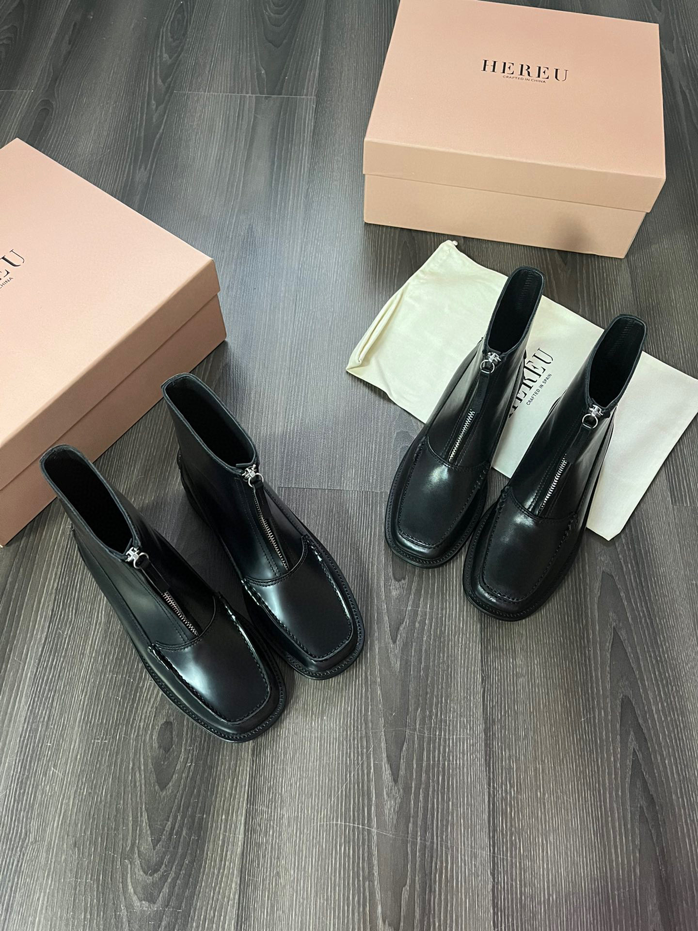 复古短靴粗跟小众女靴牛皮手工