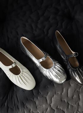 Weslien Rowe单鞋小众复古手工褶皱羊皮鞋圆头平跟优雅银色玛丽珍