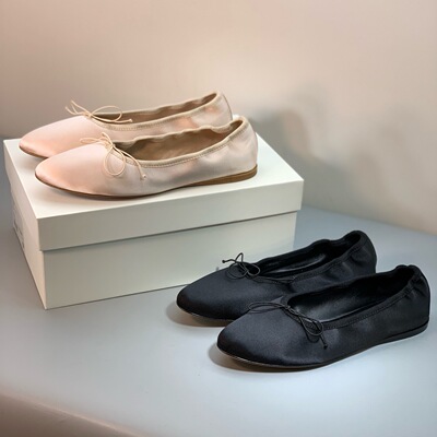 单鞋夏季法式复古蝴蝶结真丝羊皮鞋圆头平跟优雅女鞋褶皱芭蕾舞鞋