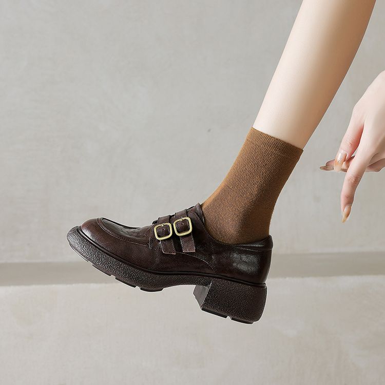 羊皮圆头皮带扣厚底皮鞋乐福单鞋