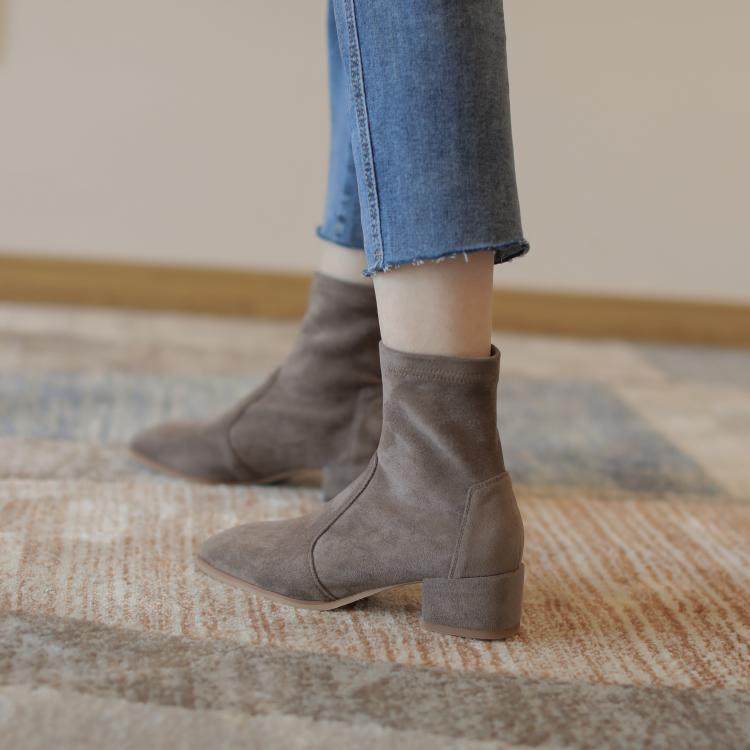 莎梨ins 强推巨舒服！温柔杏色方头中跟弹力靴短靴瘦瘦靴女及踝靴,女鞋,弹力靴/袜靴,淘宝优惠券,粉丝福利购,淘宝优惠卷