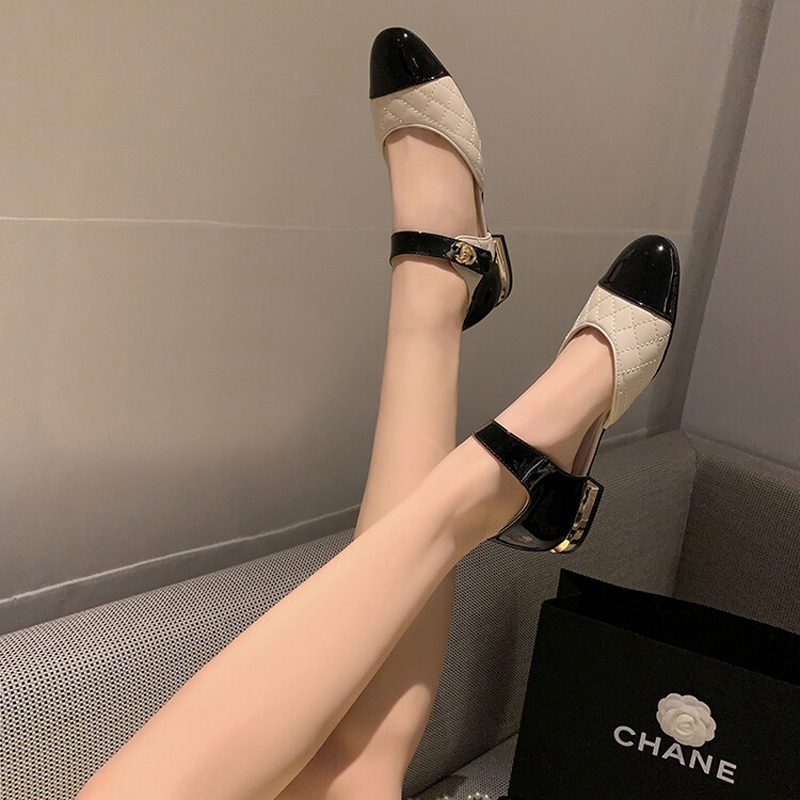 拼色浅口单鞋低跟法式平底小香风