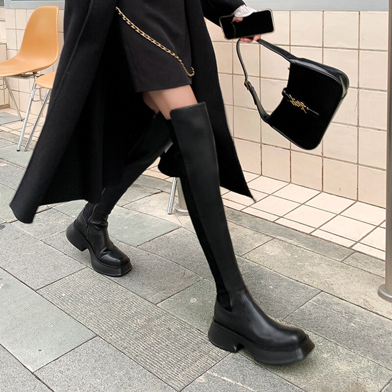 暗夜女特工!欧美防水台高跟辣妹长筒靴女厚底拼接显瘦弹力过膝靴