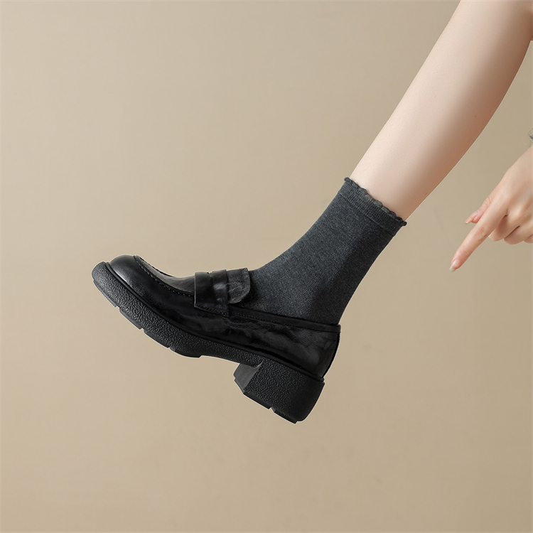 复古英伦学院黑色圆头厚底乐福鞋