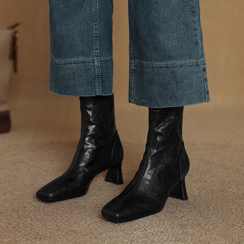 暴走不累！法式小方头百搭粗跟羊皮短靴秋冬黑色高跟瘦瘦靴单靴女,女鞋,时装靴,淘宝优惠券,粉丝福利购,淘宝优惠卷