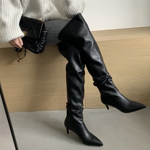 性感一点更迷人 ~！欧美尖头细跟褶皱过膝长筒靴女堆叠高跟瘦瘦靴