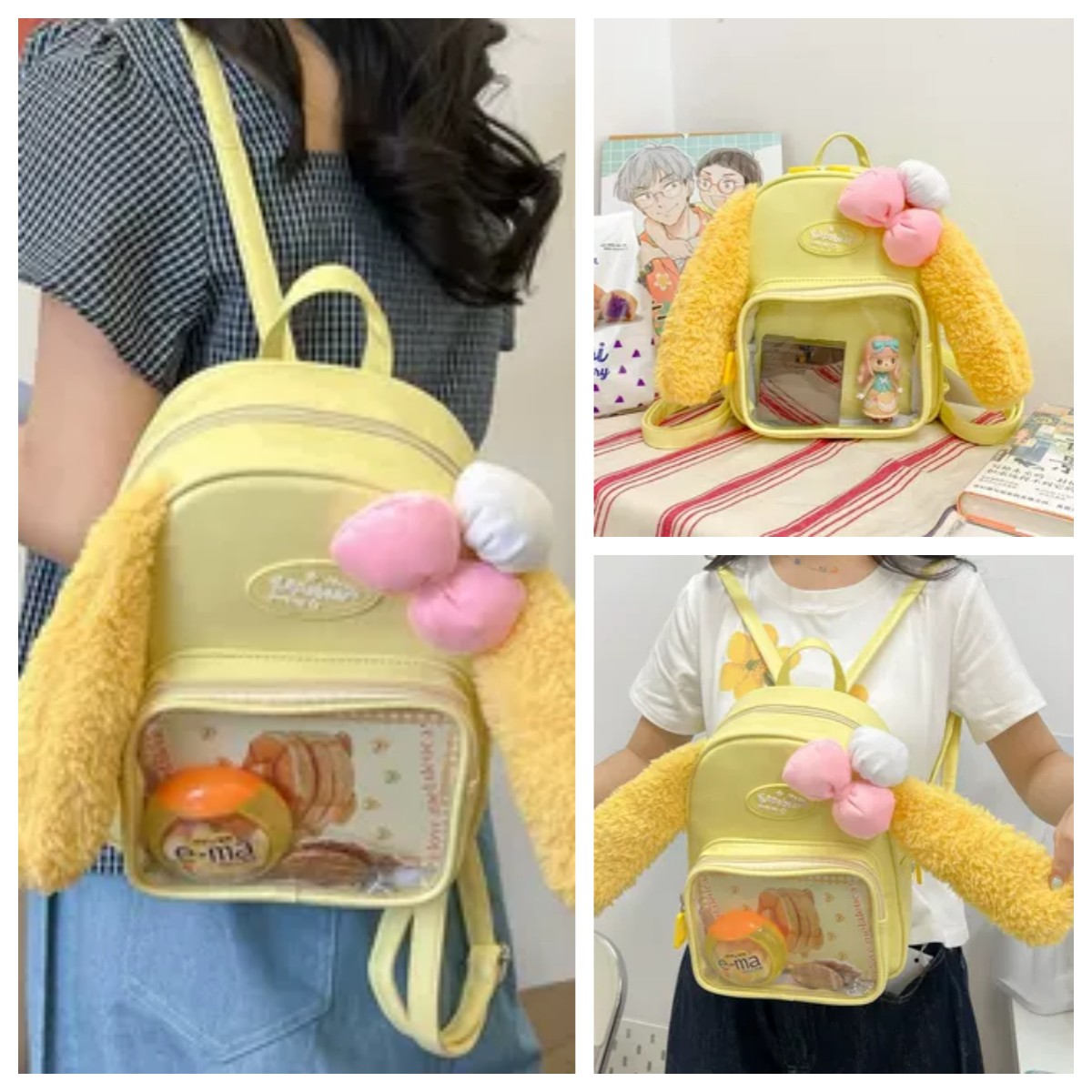 小清新日系迷你双肩包女生背包透明吧唧痛包兔耳朵轻便毛绒小背包