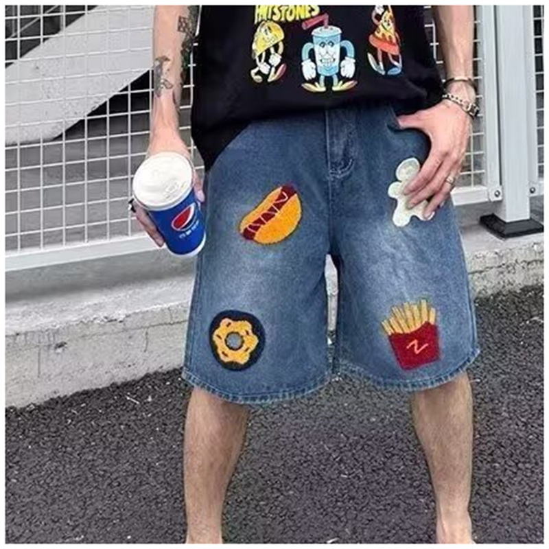 大码欧美版男牛仔抽绳短裤水洗刺绣花朵高街头HipHop嘻哈五分裤子