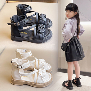 女童凉鞋夏款2025新款儿童中大童爆款罗马鞋公主鞋子软底女孩黑色