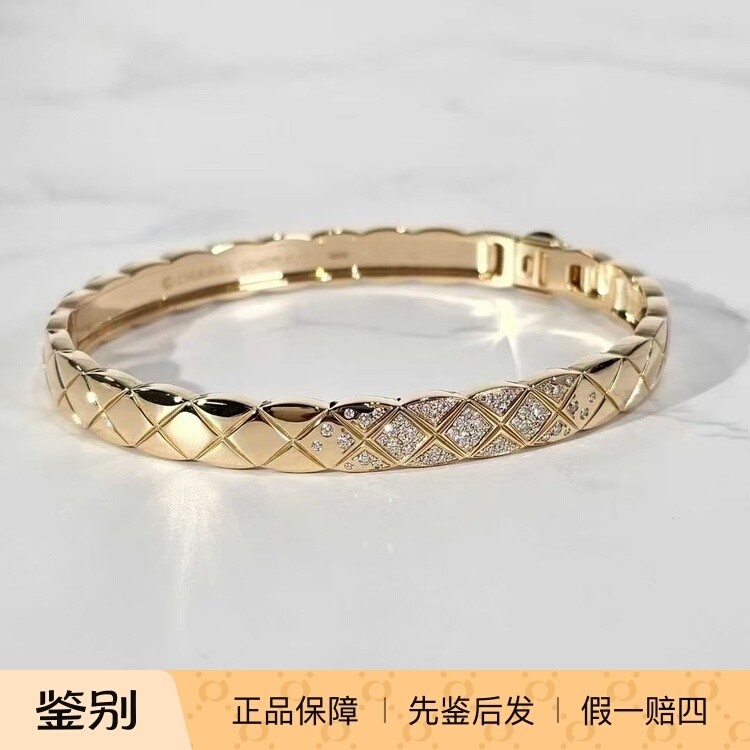 99新CHANEL香奈儿经典coco crush18K玫瑰金菱格镶钻宽版女士手镯
