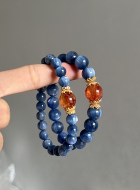 蓝晶石手串高品质水晶手链红胶花转运珠高级感新中式男女款喜水