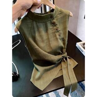 2026夏季新款法式设计感无袖上衣女军绿色立领小众气质高级感衬衫