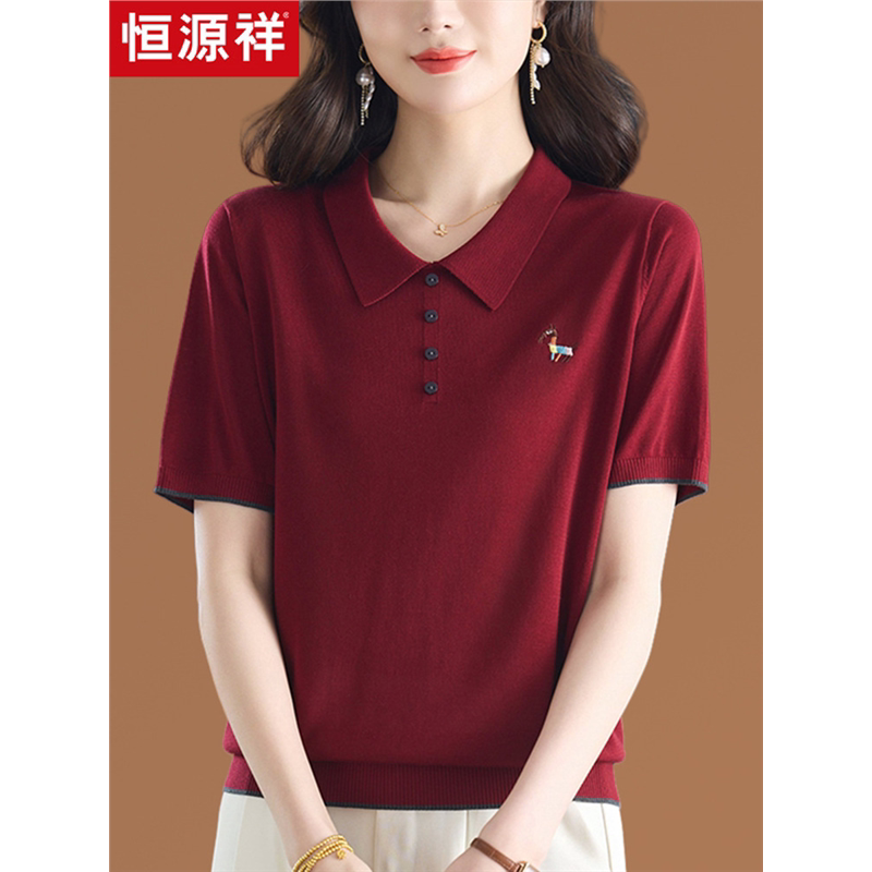 品牌天丝翻领短袖T恤女洋气妈妈大码减龄薄款针织上衣小衫