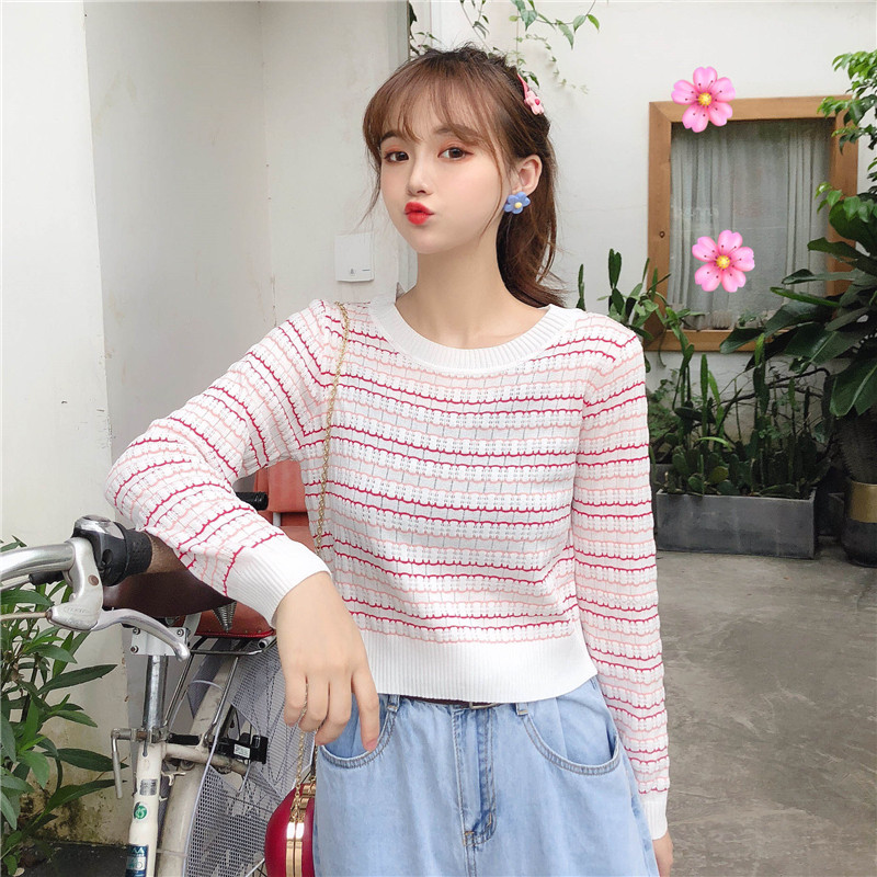 Real shot sweet Long Sleeve Striped T-shirt women's 2021 spring new versatile short top