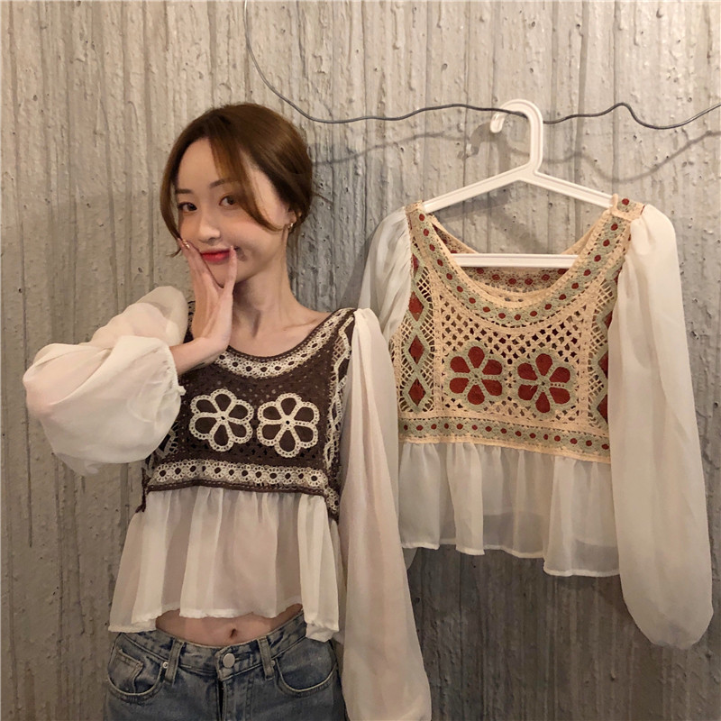 Real shot design hollow Lace Long Sleeve Chiffon Blouse women's round neck foreign style jacket