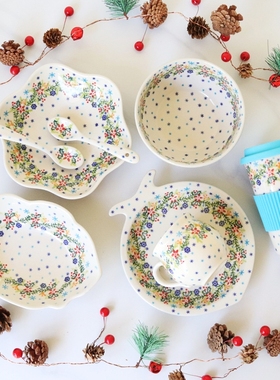 波兰进口手绘陶瓷器圣诞树藤外带杯马克杯水果碗烤鱼盘汤面碗B304