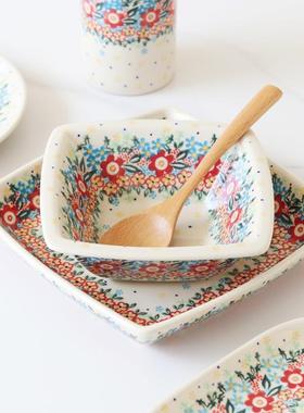 波兰进口手绘陶瓷釉下彩直杯马克杯水杯方碗椭圆盘方盘早餐盘U423